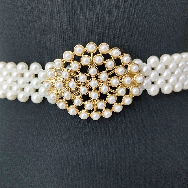Curea elastica din perle Pearly B, cu catarama metalica decorativa, Gold Ovalyn - 2 | YEO