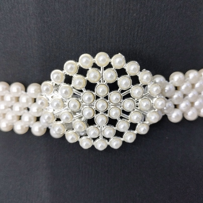 Curea elastica din perle Pearly B, cu catarama metalica decorativa, Ovalyn Alb - 2 | YEO
