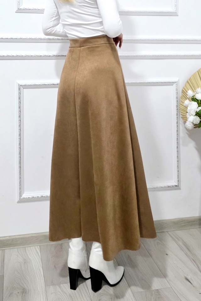 Fusta eleganta din catifea, Tiziana cu pliuri si croi lung, BEJ