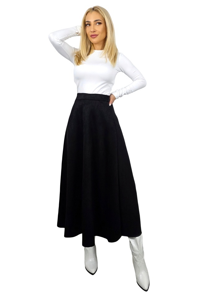 Fusta lunga catifea Tiziana, cu pliuri si croi elegant, Negru