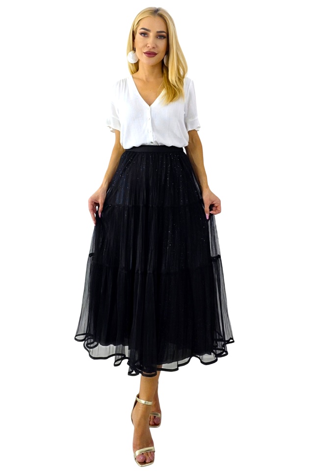 Fusta lunga cu doua fețe, LUNA, aspect plisat si tull, Negru, Marime S/M/L