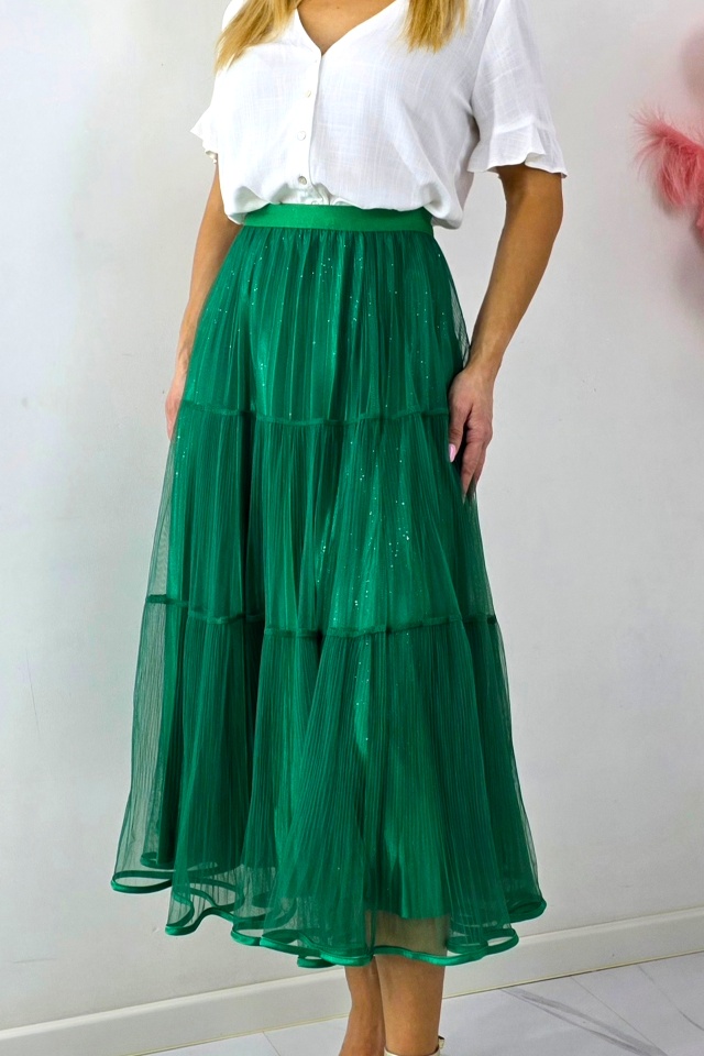 Fusta lunga cu doua fețe, LUNA, aspect plisat si tull, VERDE, Marime S/M/L