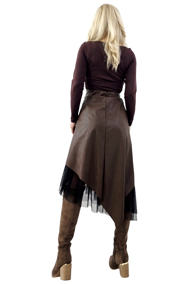 Fusta lunga cu tull asimetric, Florentina, piele eco si cordon cusut, Maro, Marime S/M