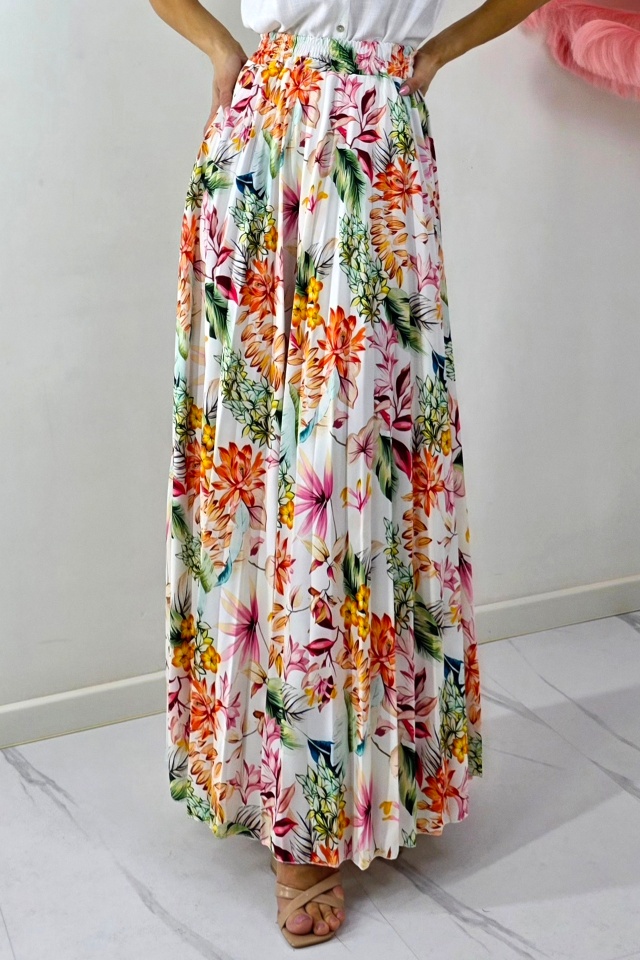 Fusta lunga de vara, plisata ALVINA cu imprimeu floral, Orange, Marime S/M - 1 | YEO