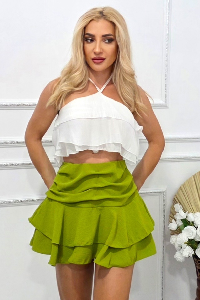 Fusta pantalon MELLO, croi scurt cu volane si falduri, Verde Olive, Marime S/M
