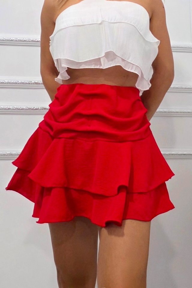 Fusta pantalon MELLO, croi vaporos cu volane si falduri, Rosu, Marime S/M
