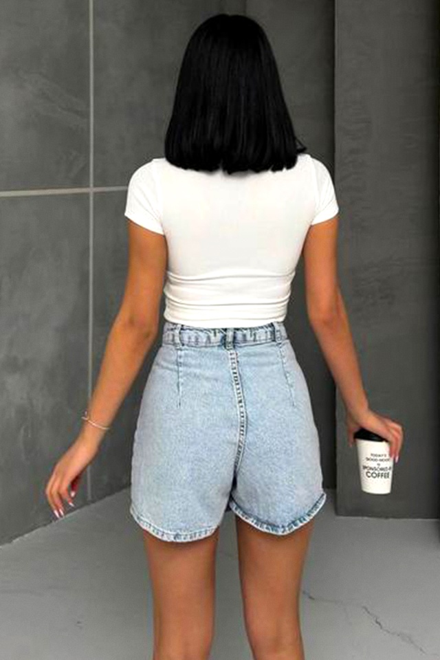 Fusta pantaloni scurti denim SARAY, cu aspect petrecut si nasturi asimetrici, Gri - 1 | YEO