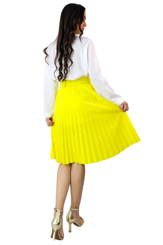 Fusta plisata eleganta Carmen, curea de aceeasi culoare inclusa, Galben, Marime S/M