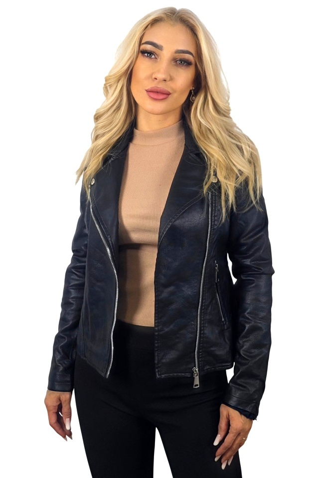Geaca din piele ecologica NYTA, model biker cu inchidere laterala, Negru