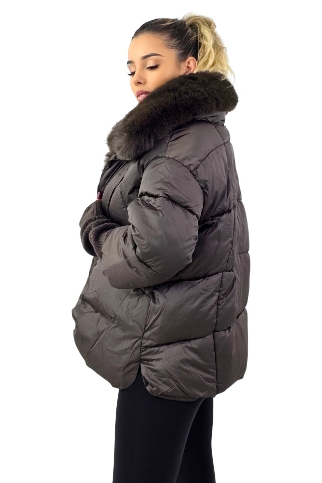 Geaca scurta, bomber hibrid, NERRO, cu buzunare ascunse si blana eco, Maro