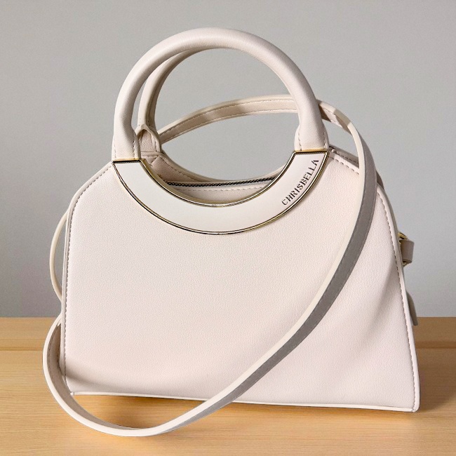 Geanta crossbody eleganta accesorizata, CHRYS B, din piele ecologica si toarte rotunde, Crem - 3 | YEO