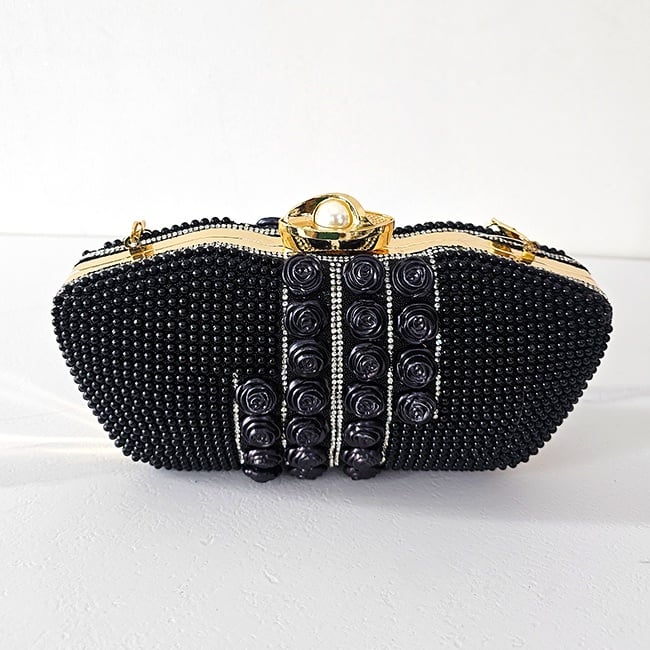 Geanta de ocazie, Opulent Style, de tip clutch, cu detalii decorative florale si perle, Negru - 2 | YEO