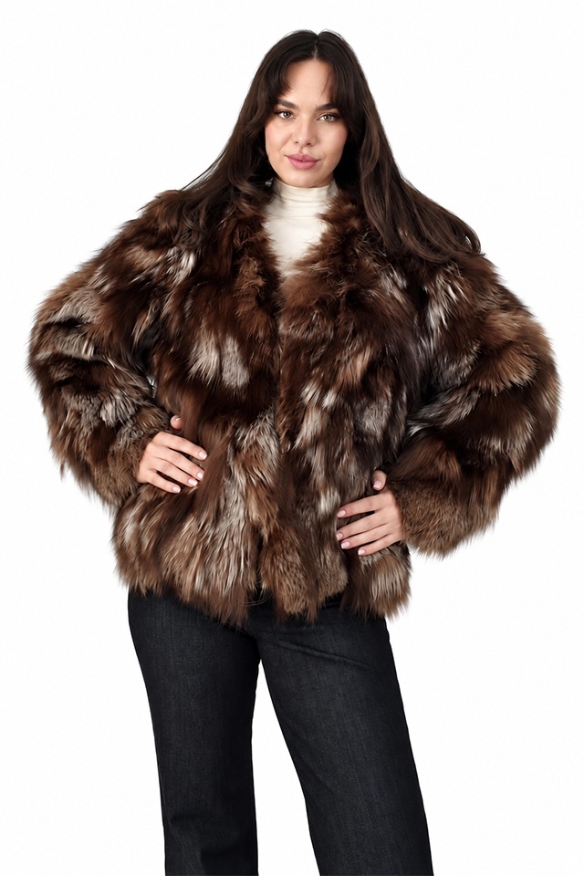 Haina dama FELYNA din blana naturala de vulpe, cu captuseala satinata, Negru-Maro, Marime universala S/M/L — imaginea 5