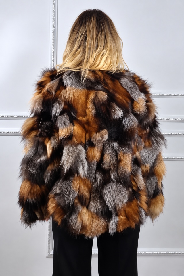 Haina de dama din blana naturala de vulpe FELYNA, croi mediu, Bej/Gri, Marime S/M/L — imaginea 3