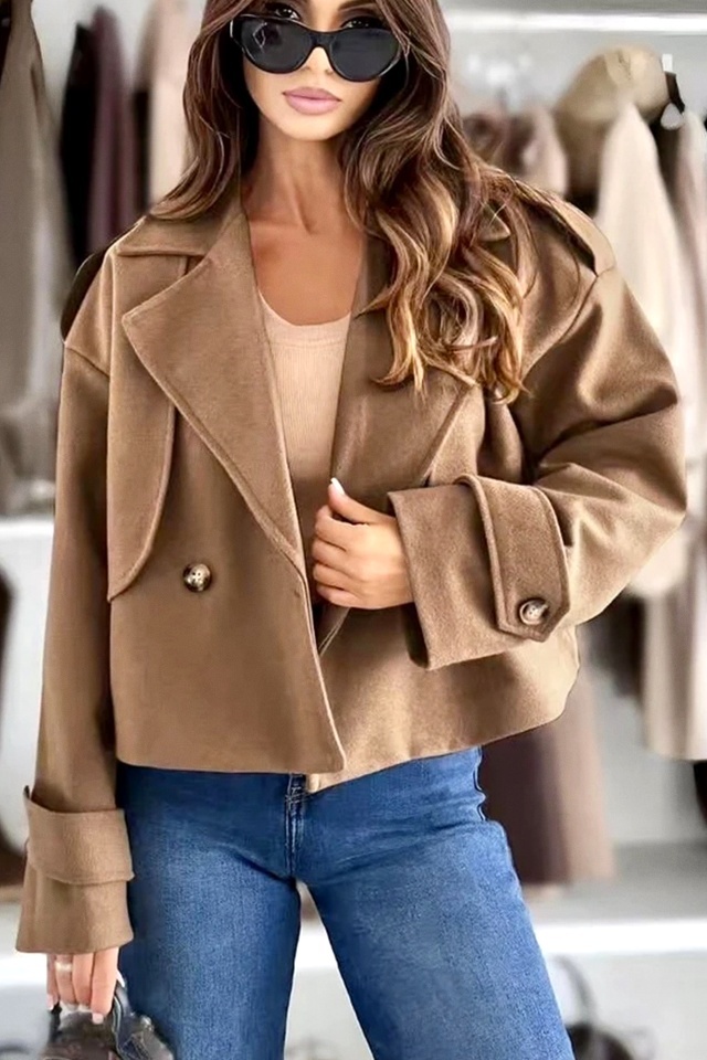 Jacheta eleganta tip fleece Vespera, cu revere si nasturi, Bej, Marime S/M