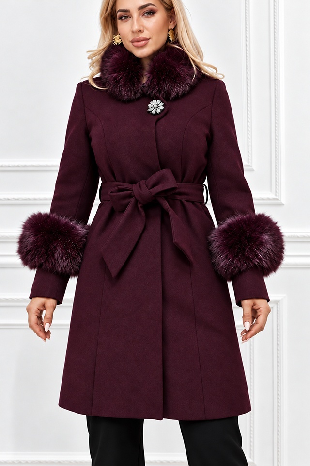 Palton dama VELORIA, cu lana, blanita detasabila si cordon detasabil, Burgundy — imaginea 3