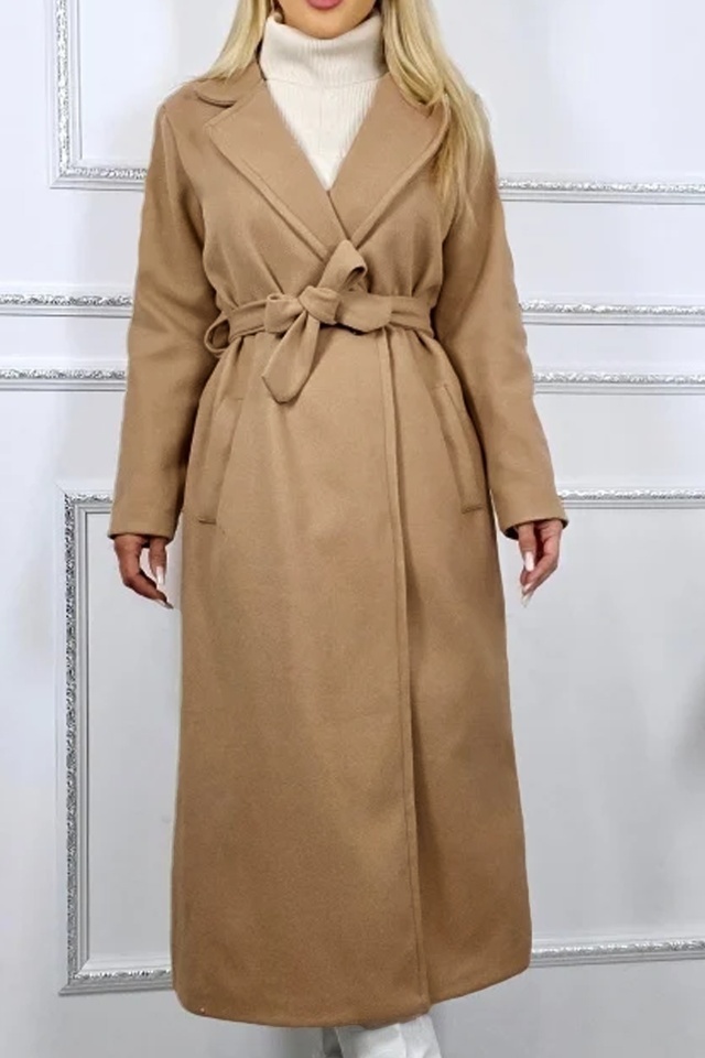 Palton lung Camilla, cu buzunare si cordon in talie, Bej, Marime S/M