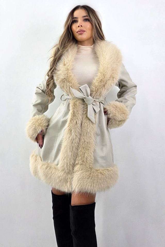 Palton piele ecologica CARMELL, cu cordon si interior imblanit, Crem