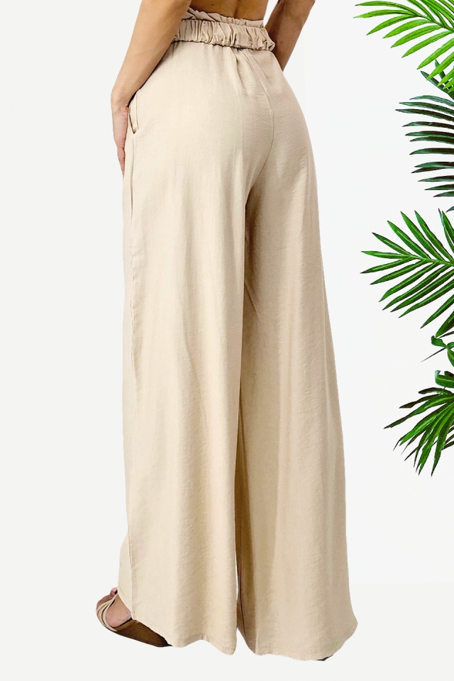 Pantaloni casual DIAFAN, croi lejer wide leg si curea decorativa, Bej, Marime S/M/L - 1 | YEO