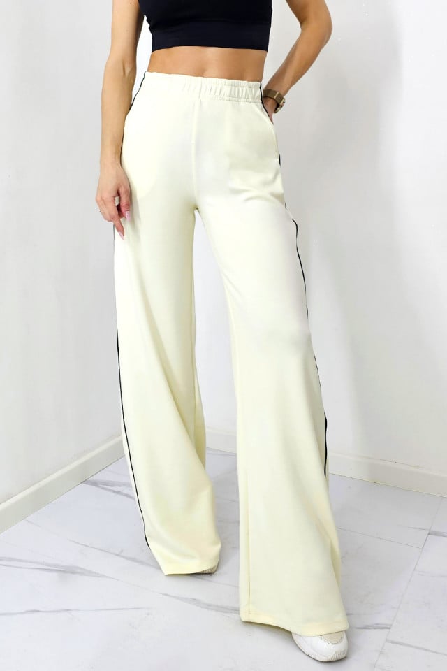 Pantaloni casual Sabyna, cu dungi laterale si croiala wide leg, Crem