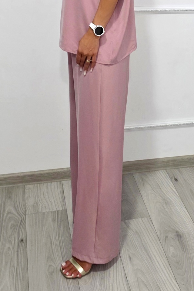 Pantaloni casual vaporosi NORYA, croi larg cu banda elastica, Roz prafuit - 3 | YEO
