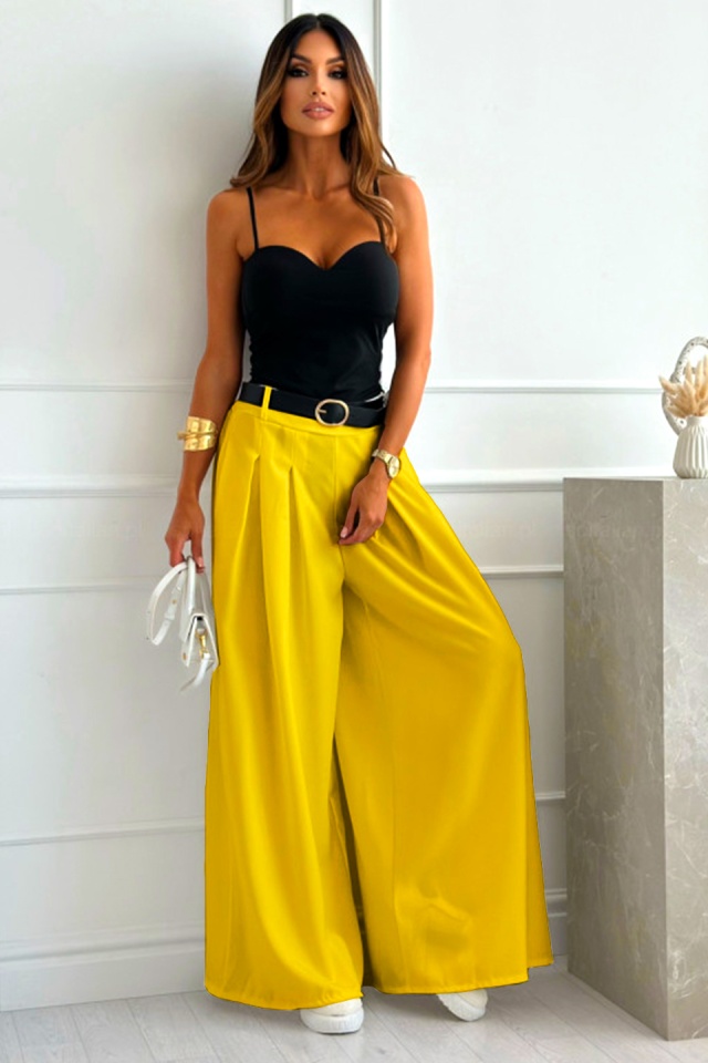 Pantaloni eleganti Ahmet, cu pense si curea inclusa, Galben, Marime S/M/L