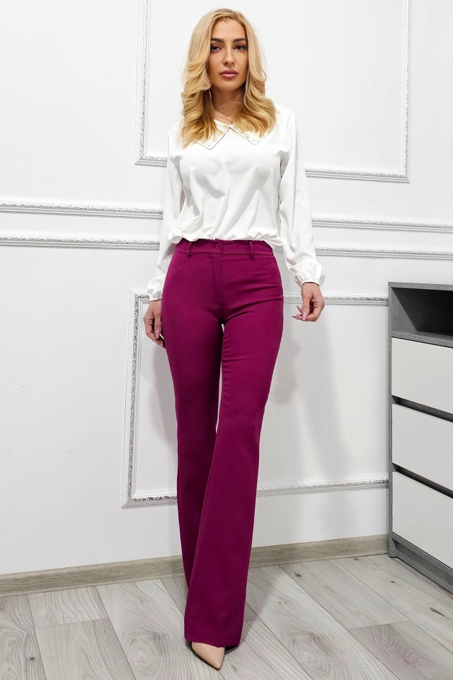 Pantaloni eleganti, Katte, croiala slim evazata si talie inalta, Violet