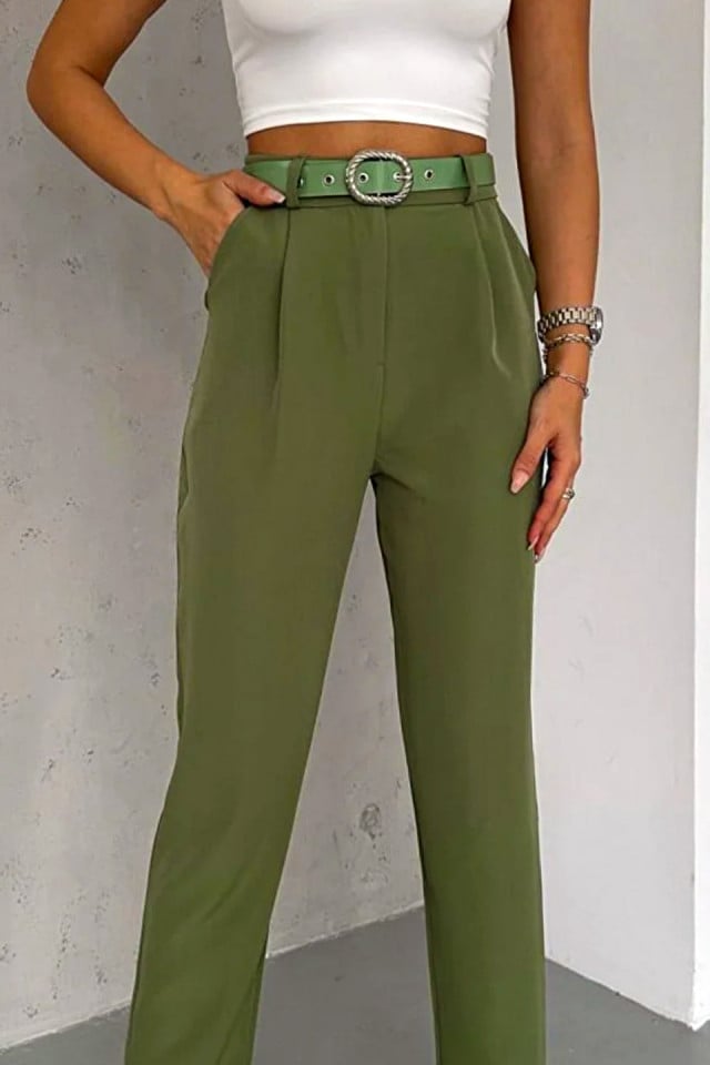 Pantaloni eleganti Malon, cu pense si curea asortata, Verde - 1 | YEO