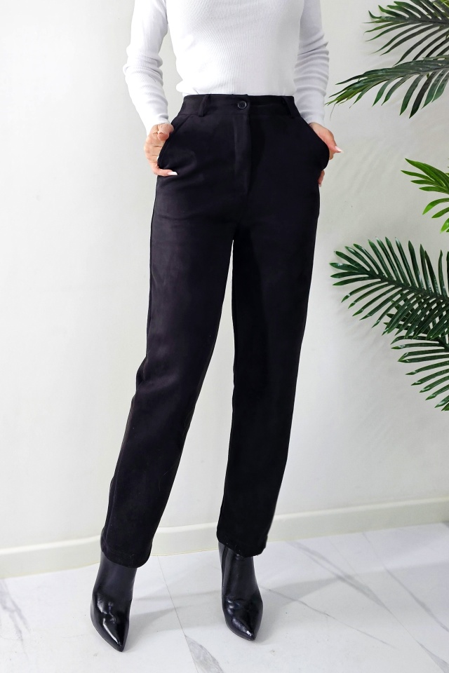 Pantaloni eleganti Silkwood cu aspect de piele intoarsa si textura elastica, Negru - 3 | YEO