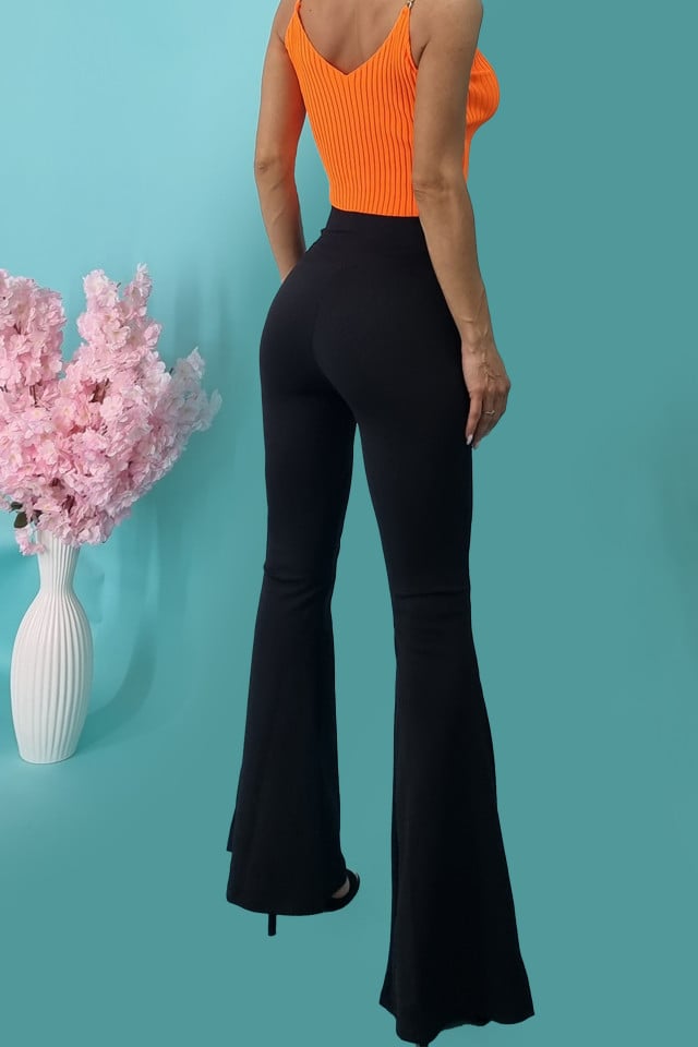 Pantaloni Linda, evazati, cu talie inalta si aspect tetra, Negru - 1 | YEO