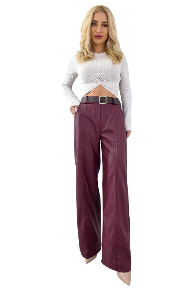 Pantaloni lungi, vatuiti din piele eco, Leonis, cu banda elastica si buzunare, Bordo, Marime S/M