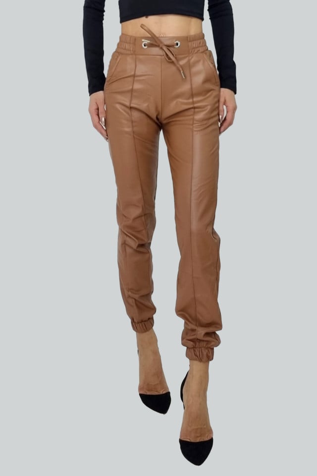 Pantaloni Marelli, din piele ecologica, cu talie inalta, dunga si snur reglabil, Crem - 1 | YEO