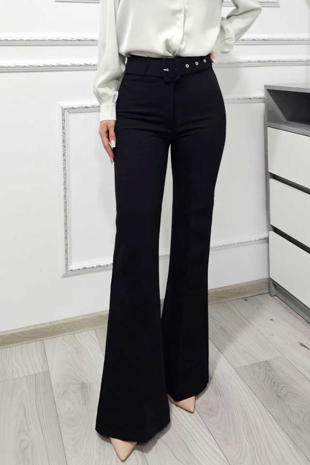 Pantaloni office VELLAR, croiala slim evazat si curea asortata, Negru - 2 | YEO