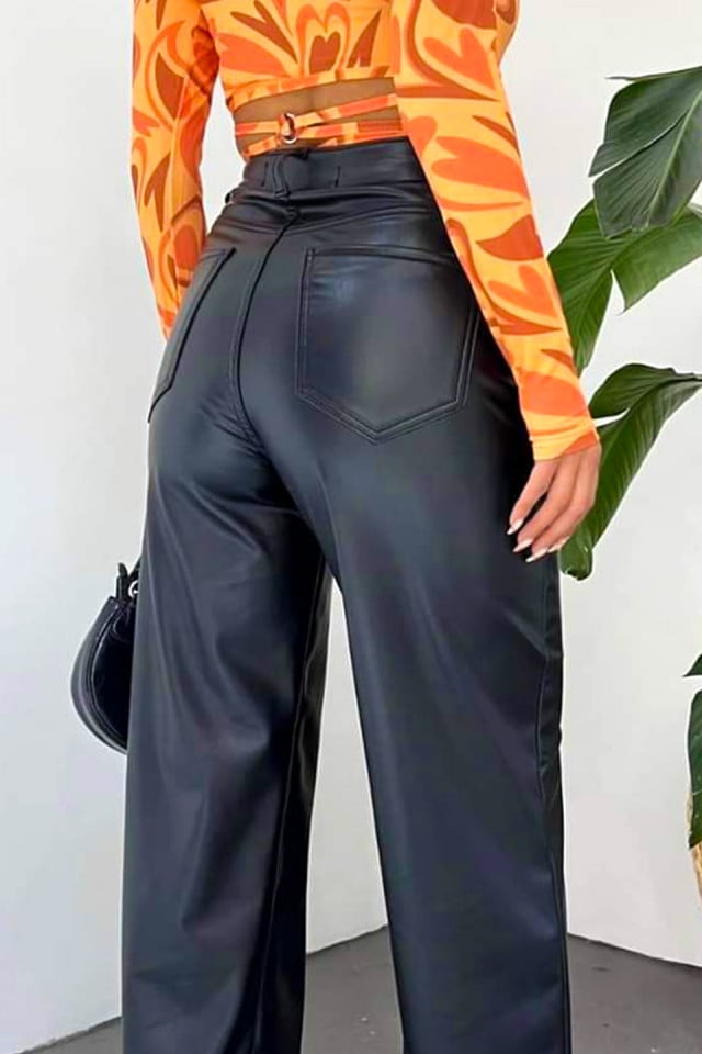 Pantaloni vatuiti Madison, din piele ecologica, cu buzunare si croi Large, Negru - 2 | YEO