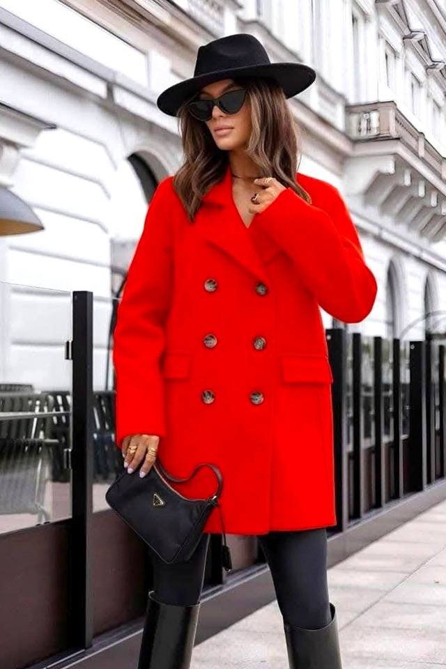 Pardesiu cu nasturi Adriana, croi oversize si revere scurte, Rosu, OneSize S/M/L/XL