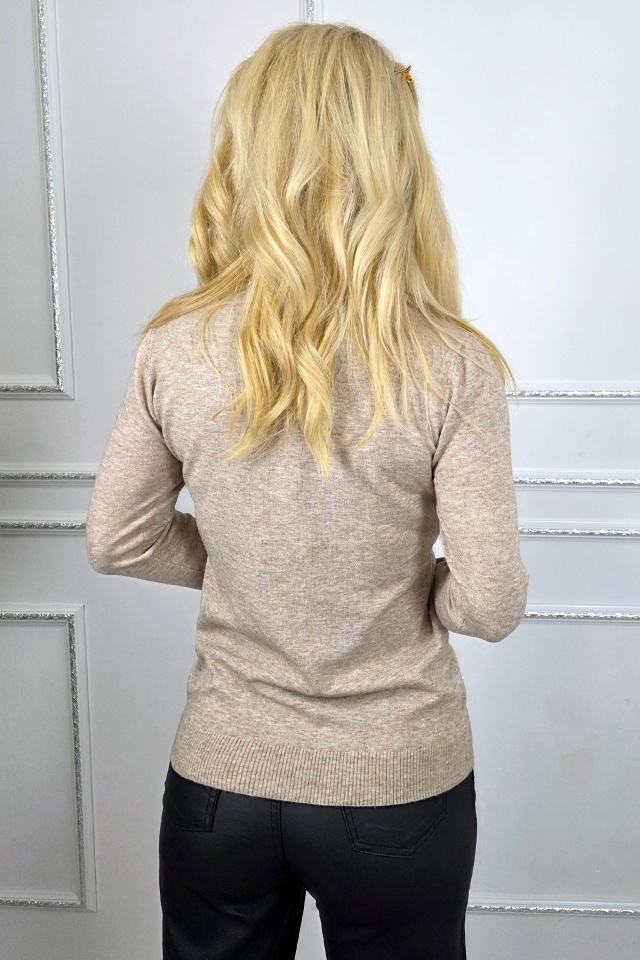 Pulover cu bumbac si casmir TERA, textura pufoasa si maneca lunga, BEJ Latte, Marime S/M - 1 | YEO