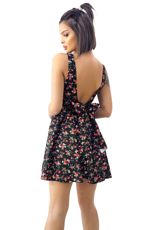 Rochie babydoll MARA, cu funda la spate si imprimeu floral, Negru, Marime S/M/L
