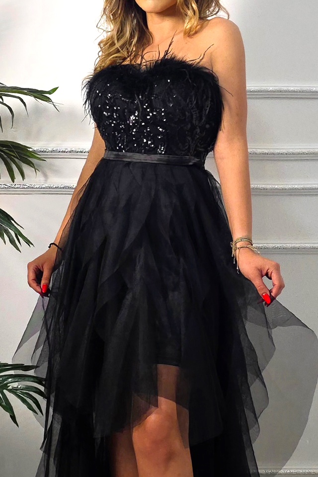Rochie banchet PRAM Party, cu rejansa din pene de strut, Negru - 2 | YEO