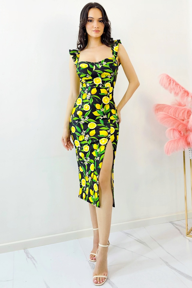 Rochie bodycon Ditsy, sliț adanc si imprimeu cu lămâi, Negru, Marime S/M