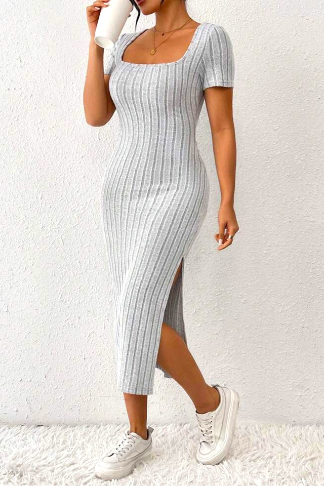 Rochie casual FeeL tricot ALIZA, cu slit lateral si maneca scurta, Gri, M/ - 3 | YEO