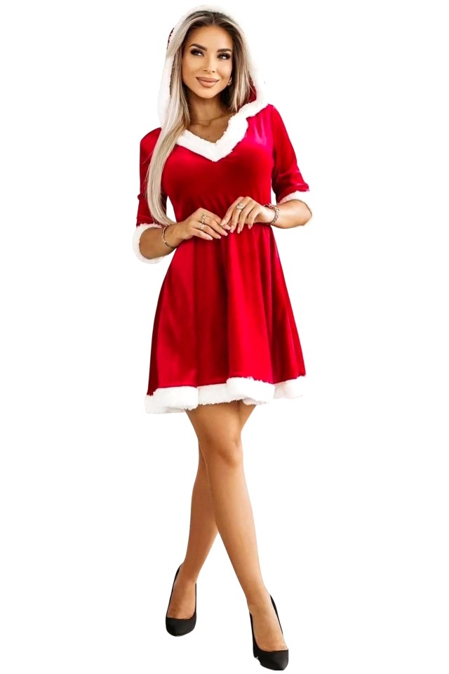Rochie catifea, in clos Craciunita Merry Chic, cu gluga, Rosu, Marime S/M
