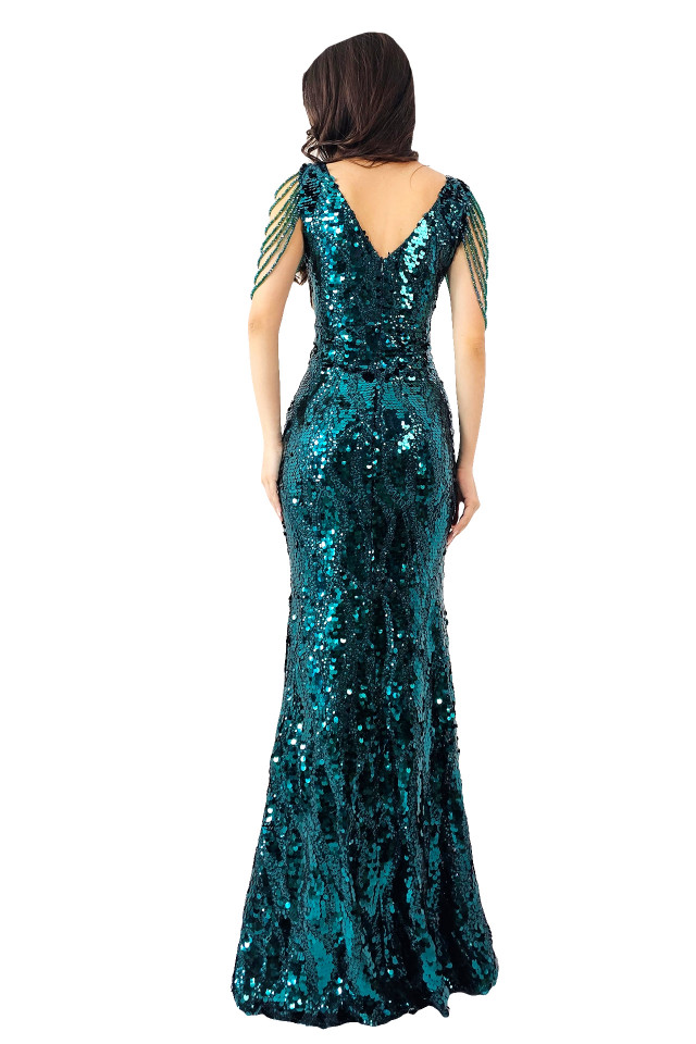 Rochie de eveniment Majestic, cu paiete, cristale si croiala tip sirena, Verde marin