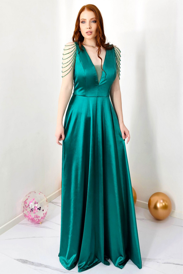 Rochie de ocazie Leontina, cu textura satinata si cristale artizanale, Verde - 2 | YEO