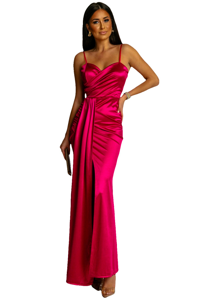 Rochie de seara satinata, OLyna, cu crapatura ampla si fald lateral, Fucsia, Marime S/M