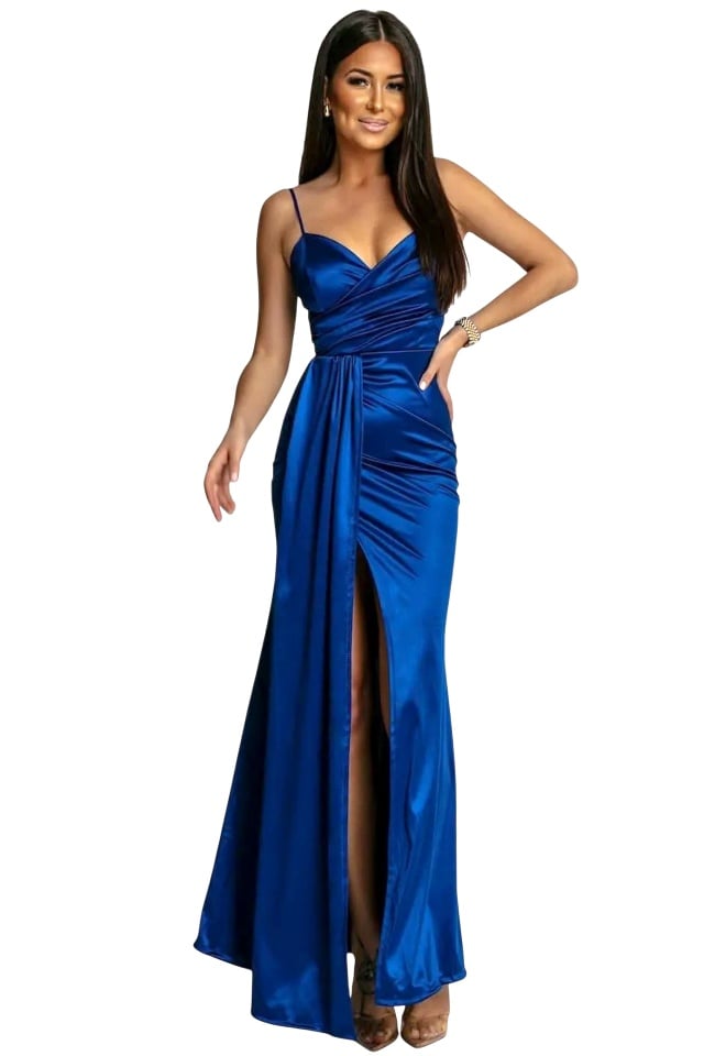 Rochie de seara satinata, OLyna, cu crapatura ampla si fald lateral, Albastru, Marime S/M