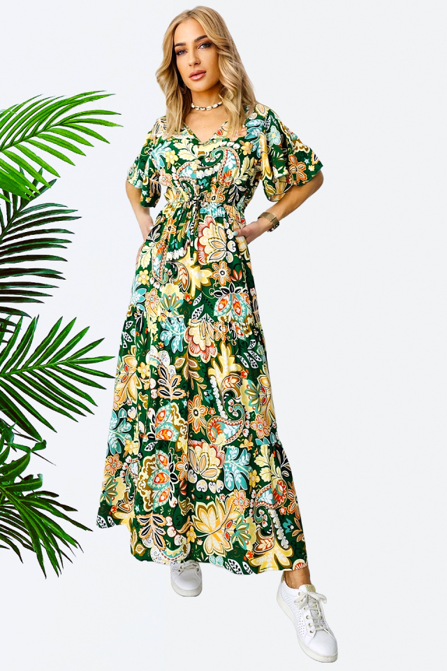 Rochie de vara Mandinga, din bumbac, cu imprimeu tropical, Verde