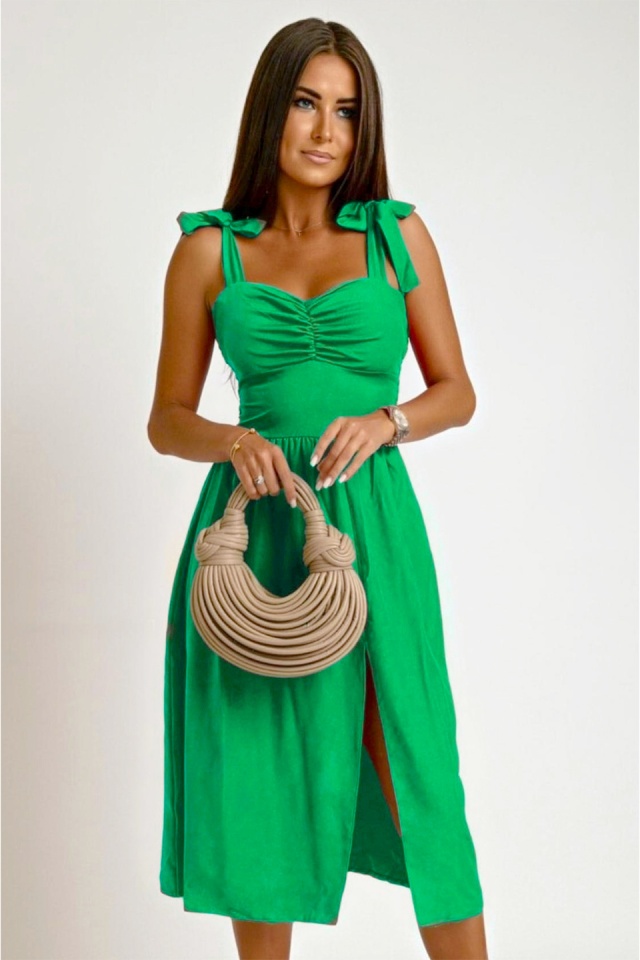 Rochie de vara MYA Masha, cu bretele legate funda si imprimeu uni, Verde, Marime S/M - 3 | YEO