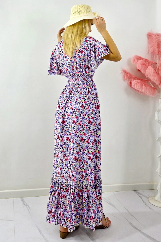 Rochie de zi Mandinga, din bumbac, cu imprimeu floral, MOV Petunia - 1 | YEO