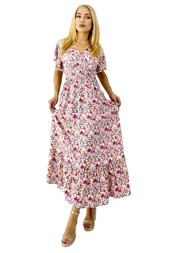 Rochie de zi Mandinga, din bumbac, cu imprimeu floral, Rosu Petunia