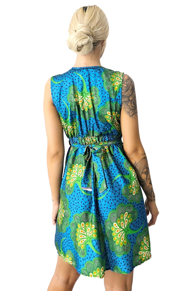 Rochie de zi Matilda, croiala asimetrica si cordon in talie, Peacock, Marime S/M